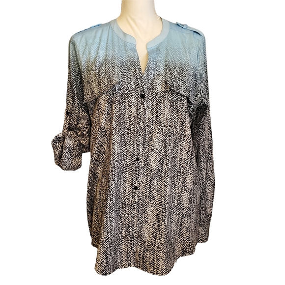 EUC Calvin Klein Ombre Mixed Pattern Utility Button Front Blouse - Picture 3 of 12